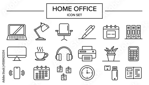 Set of home office icons in clean line art style showing various work items, productivity and workspace essentials