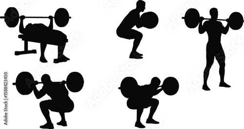 Vector art of silhouettes of a weightlifter performing various exercises with a barbell