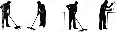 Vector art of a series of black silhouette figures are shown cleaning with a mop and wiping a table