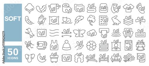 Set of 50 line icons related to soft, fluffy, feather, relax, comfortable, tender, smooth, Editable stroke. Vector illustration