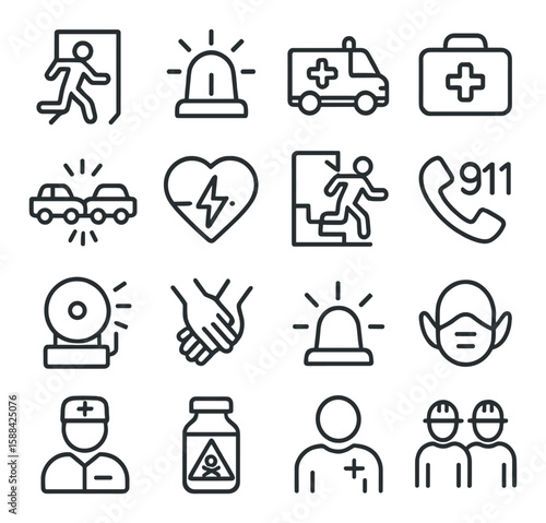 Emergency icon collection. simple emergency, ambulance, first aid, alarm, mask, 911 vector icons