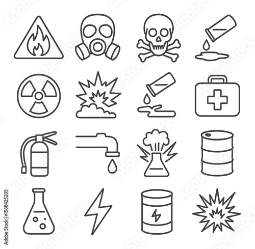 Hazard icon collection. safety symbols linear style. fire, gas, skull, spill, chemical danger vector icons.