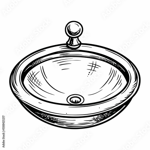 Flat style round ceramic sink with central drain and faucet mount on white background, representing bathroom fixture, interior design element, and hygiene utility
