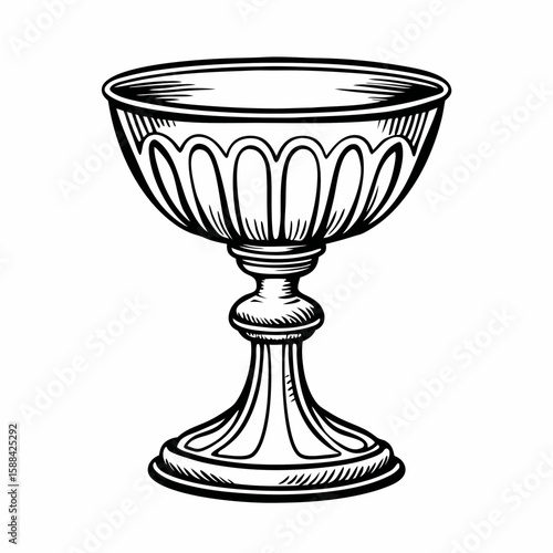 A black and white sketch of a vintage goblet with detailed base and shallow bowl, hand-drawn and isolated on white background, symbolizing formal dining, antique drinkware, and ceremonial style
