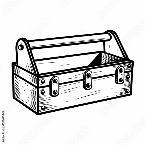 A black and white hand-drawn wooden toolbox with compartments and handles, isolated on white background, symbolizing workshop gear, organization, and manual labor tools
