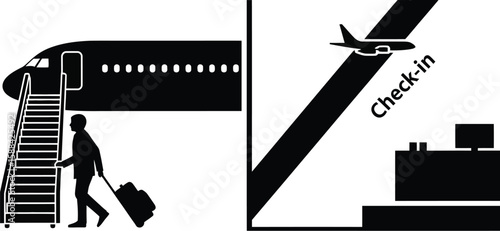 Vector art of a silhouette illustration depicts a passenger boarding an airplane and a checkin counter