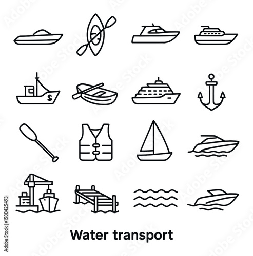 Water transport icon collection. simple boating, ship, anchor, kayak, cruise, dock vector icons.