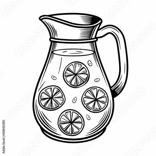 A monochrome drawing of a jug filled with citrus slices, primarily lemons, in sketch style, isolated on white background, symbolizing healthy summer drinks, refreshment, and homemade lemonade concept
