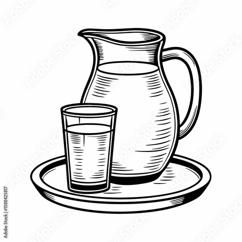 A black and white sketch of a water jug and glass served on a round tray, isolated on a white background, representing hospitality, daily hydration, minimalistic kitchenware, and refreshment concept
