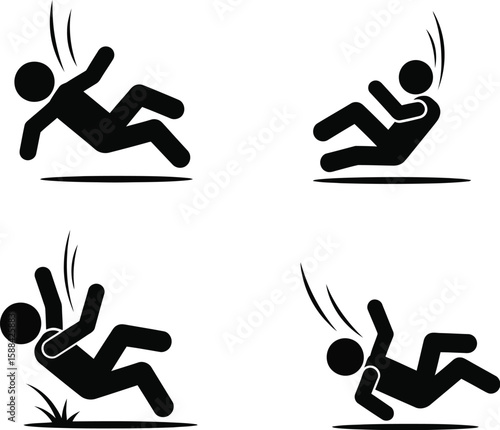 Vector art of a silhouette illustration depicts a person falling in various positions, indicating an accident