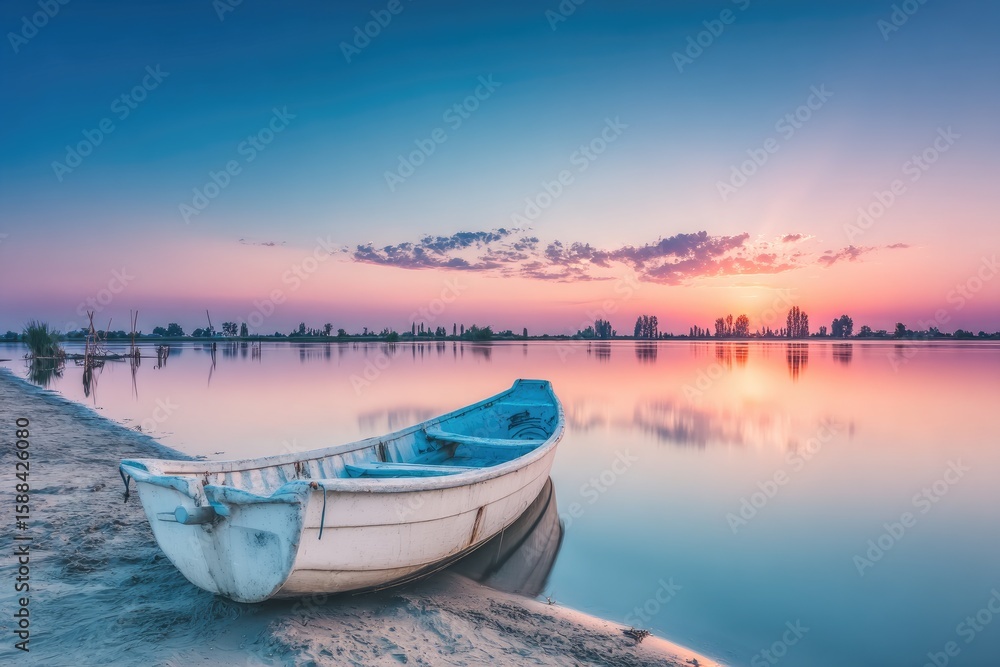 Naklejka premium Tranquil sunrise over a lake, a white boat resting on the shore
