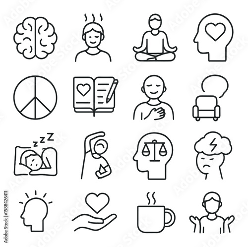 Mental wellness icon collection. simple line symbols: brain, meditation, peace, heart, balance vector icons