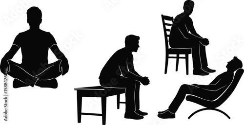 Vector art of silhouettes of men in various seated poses