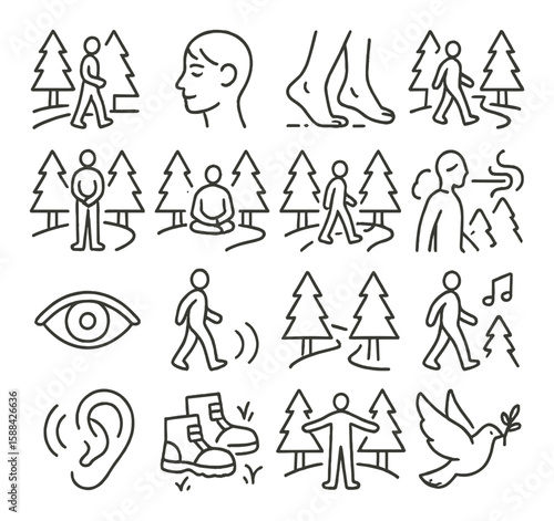 Mindful forest walk icon collection. nature meditation linear icons: tree, walk, peace, music, path, ear, eye, boots, dove vector icons.