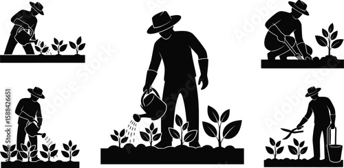 Vector art of silhouettes of a gardener tending to plants