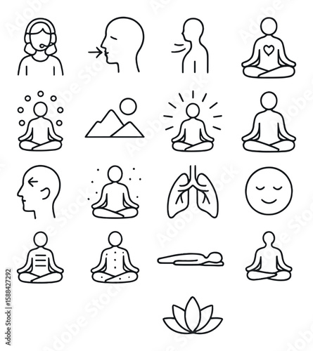 Meditation icon collection. simple mindfulness, yoga, lotus, breathing, posture vector icons.