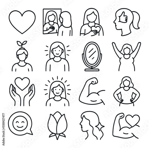 Self acceptance icon collection: personal growth, mindfulness, self-care, wellness, linear vector icons