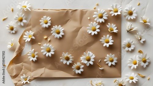 Birthday card mockup with scattered daisies and rustic kraft paper, flat lay