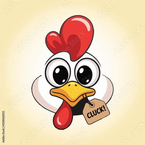 Cartoon chicken head with cluck tag and big eyes fowl