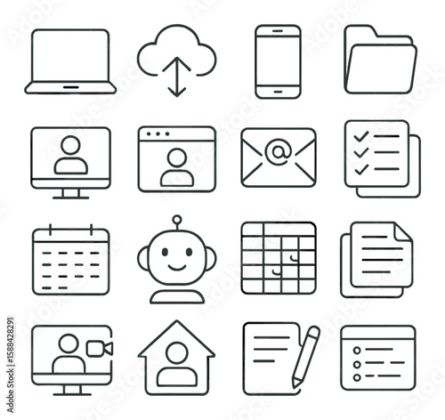 Digital workspace icon collection: simple linear office, cloud, email, calendar, mobile vector icons