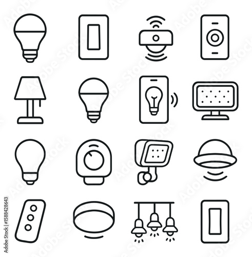 Smart lighting icon collection. simple lighting, switch, lamp, sensor, bulb, remote. linear vector icons