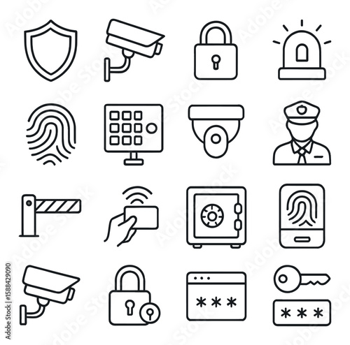 Security icon collection: surveillance, lock, alarm, key, fingerprint silhouette vector icons