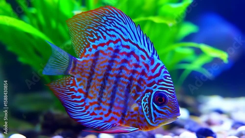 Colorful Marine Fish Swimming Among Green Aquarium Plants with Closeup Slow Motion