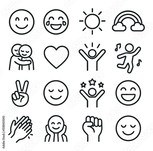 Icons of joy: happiness icon collection. linear smiley, sun, rainbow, heart, music, peace, applause vector icons.