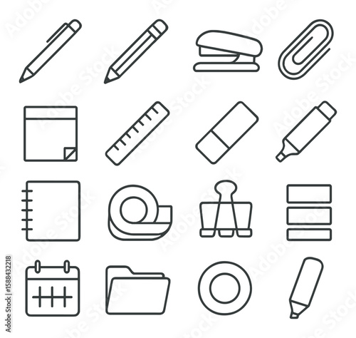 Office stationery icon collection. simple pens, paper clips, notebooks, tape, rulers, erasers linear vector icons