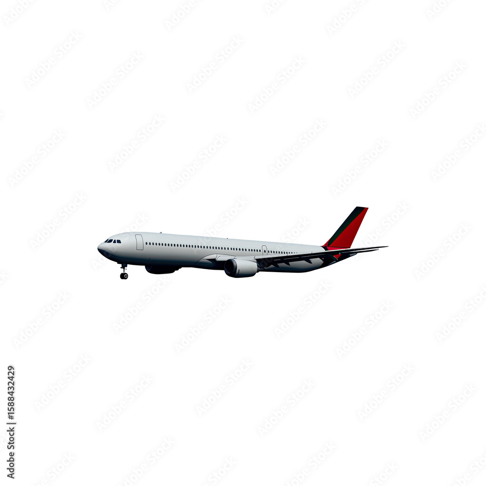 Obraz premium Modern Commercial Airplane Flying in Clear Sky Isolated on White Background