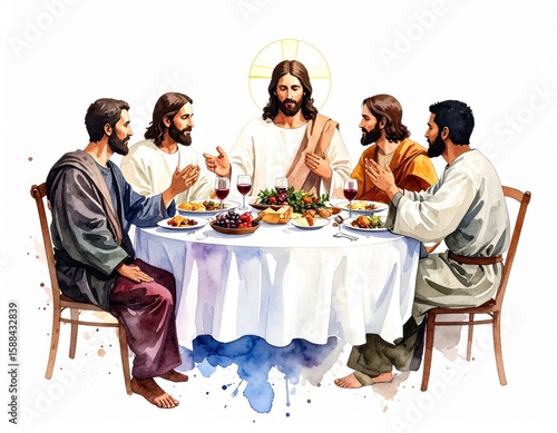 Watercolor Depiction of a Shared Meal between a Central Figure and Followers