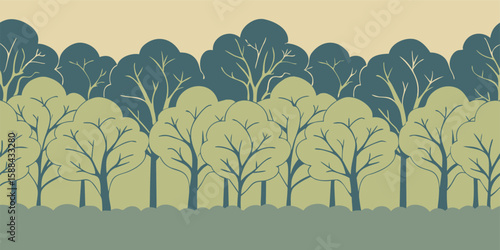 Serene stylized forest illustration; teal and olive green trees; minimalist nature background; seamless pattern design.