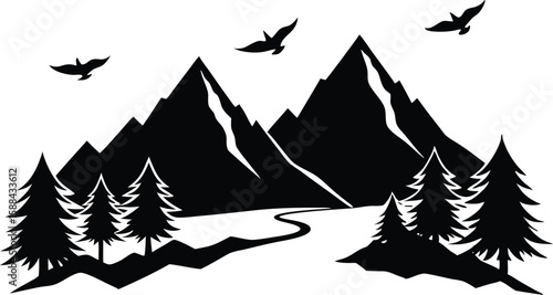 A scenic mountain landscape with soaring birds and a winding path through the trees isolated on transparent background