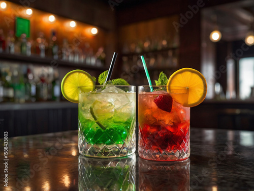 Refreshing green and red cocktails with fruit garnishes drinks lime