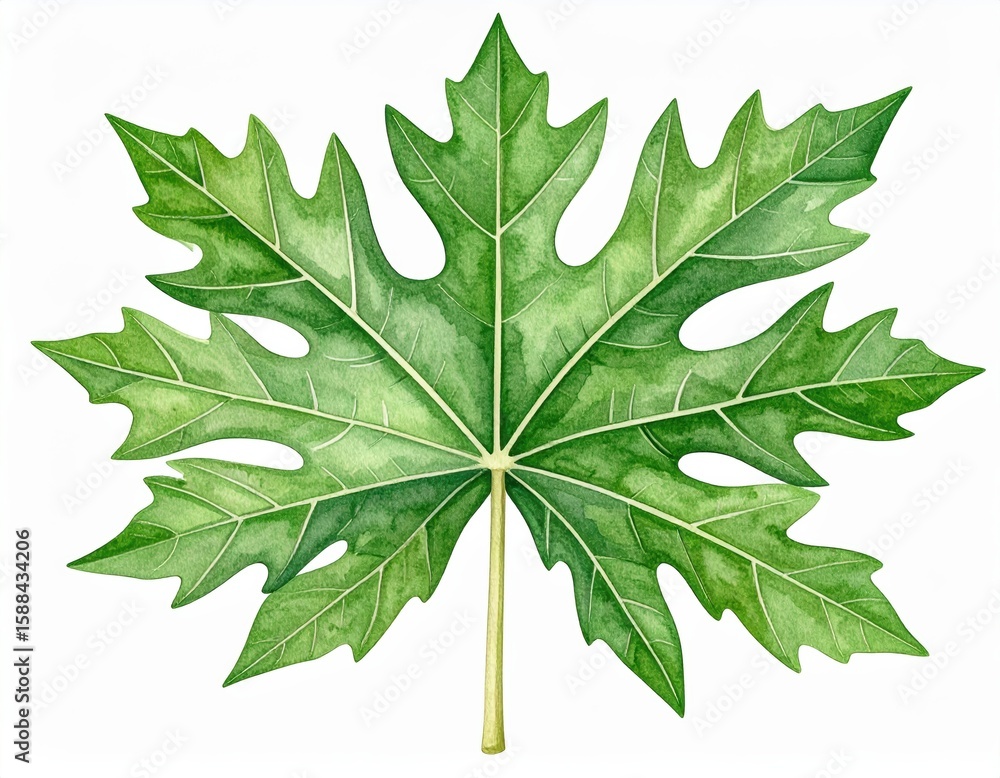 Fototapeta premium Papaya Leaf Watercolor Illustration on White, Fresh Botanical Art, Detailed
