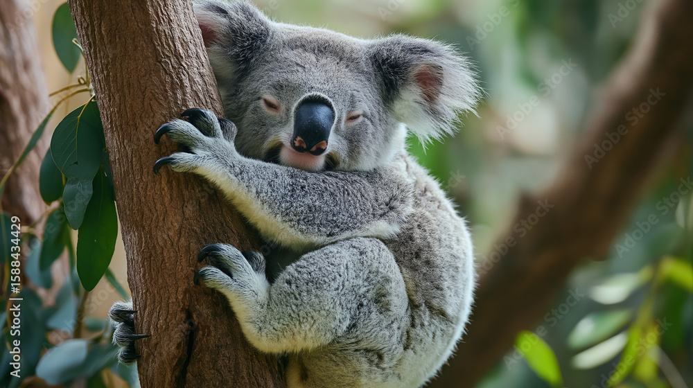 Fototapeta premium Koala holding onto eucalyptus tree, looking sleepy and relaxed