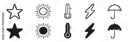 Pixel Art Weather And Nature Icon Set. Star, Sun, Thermometer, Lightning, And Umbrella Symbols. Black And White Design For Weather Forecasting And Nature Themes. Isolated Vector Illustration