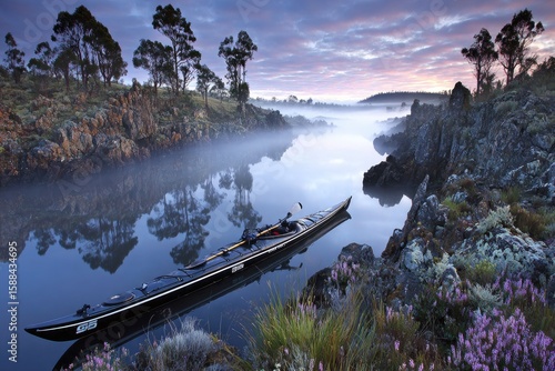 Calm kayak on a misty river