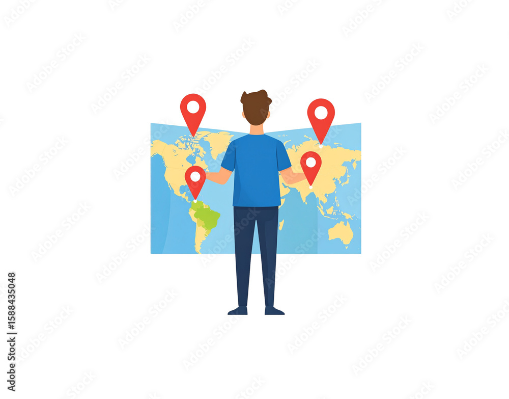 Man in a blue shirt viewed from behind planning travel on a world map with red location pins. Man in a blue shirt viewed from behind planning travel on a world map with red location pins.