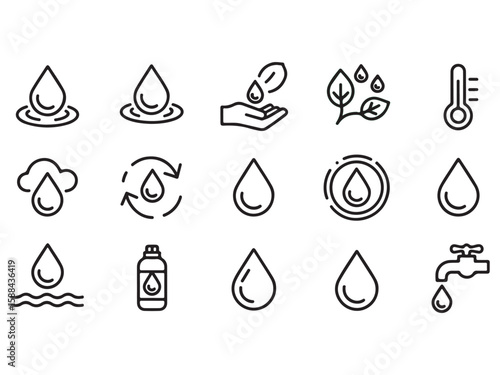 Water drop icon set with nature and health-themed design elements