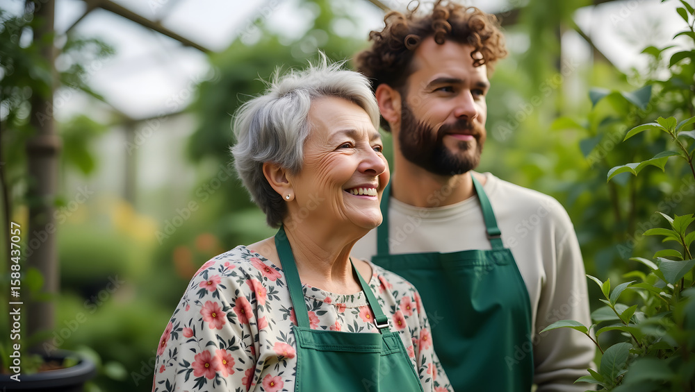 Naklejka premium Senior woman and young man wearing aprons in a greenhouse, smiling. Gardening concept.