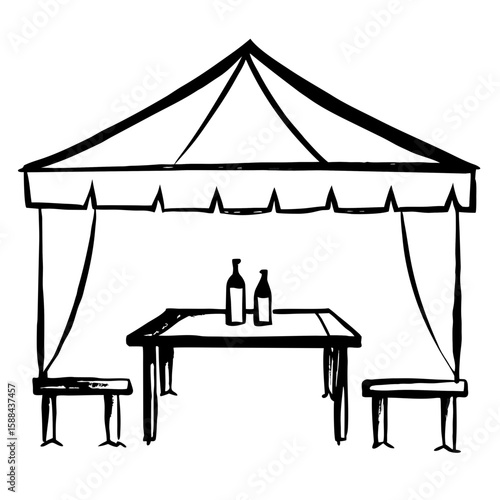 Outdoor tent with wooden table and drinks for casual gatherings  