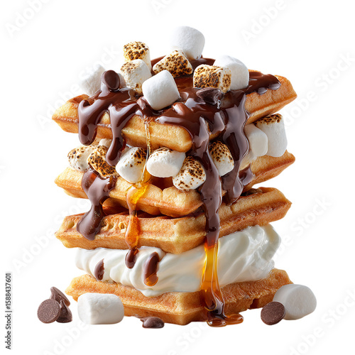 Stacked Waffle Sandwich with Chocolate and Marshma on transparent background