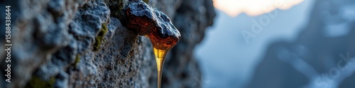Amber resin oozing from rocky surface in mountainous landscape at sunset