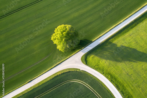 Aerial drone view of a solitary tree at a fork in the road, a symbol of choice and direction amidst lush green agricultural fields generative ai