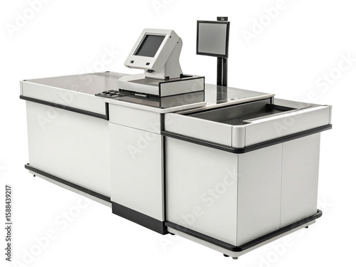 Photo of modern checkout counter with screen and scanner isolated on transparent background