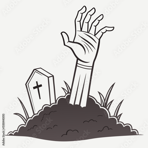 Zombie hand emerging from grave with tombstone and grass  