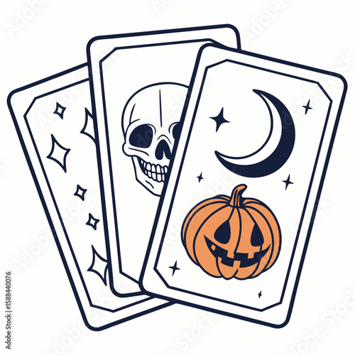 Halloween-themed tarot cards featuring skull, moon, and pumpkin  