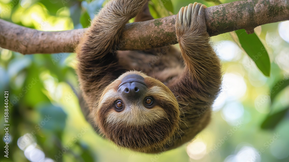 Fototapeta premium Sloth hanging upside down on a tree branch, looking at the camera calmly,