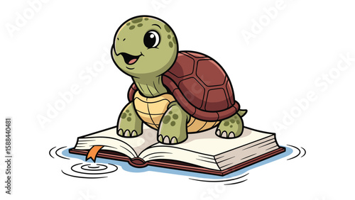 Cartoon turtle on a book, education concept for children's book illustration projects